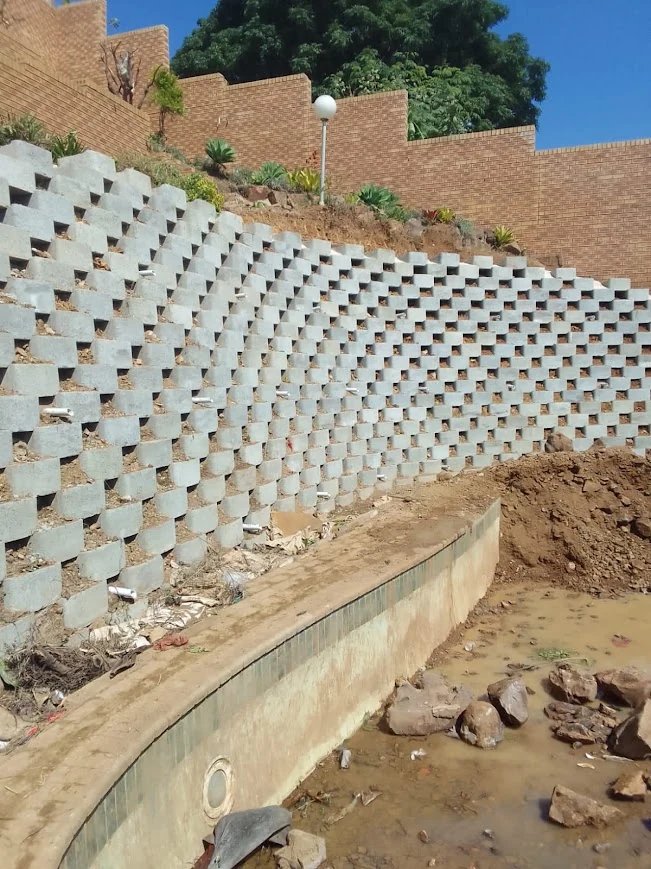 Concrete block retaining wall and external construction work